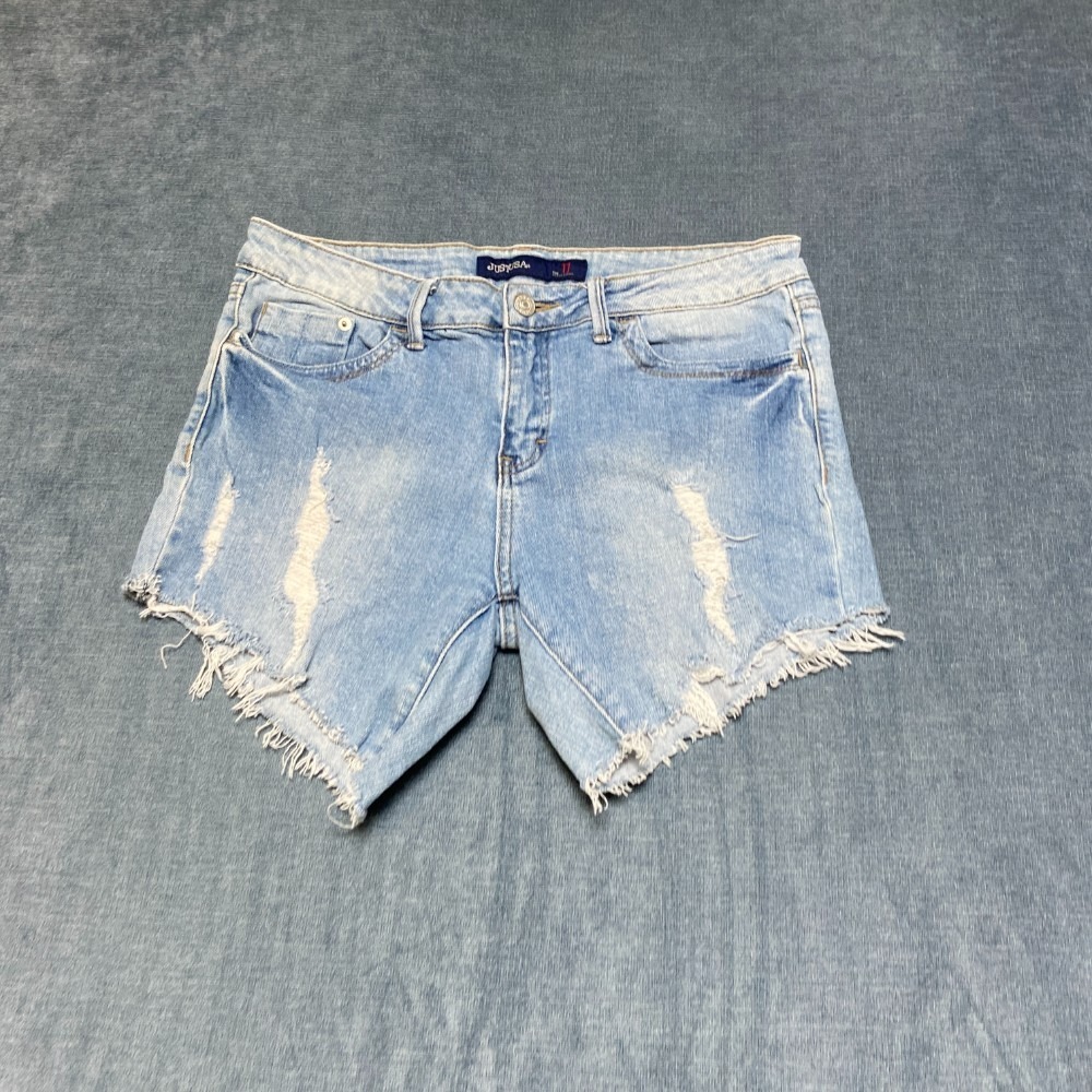 Just USA Cut-Off Shorts Women 11 Blue Denim Cotton Stretch Distressed Frayed Hem